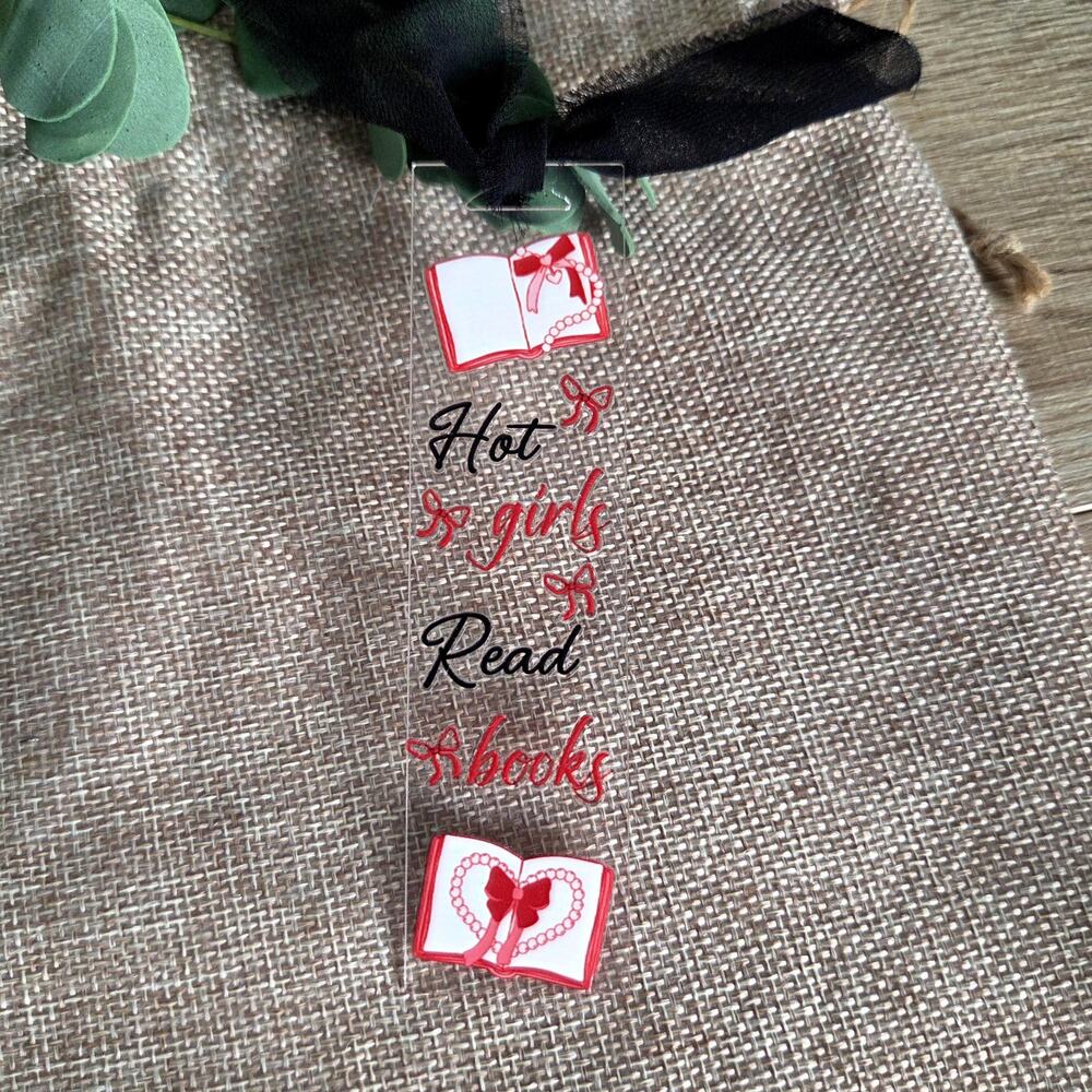 Hot Girls Read Books Bookmark, Coquette Pearl Bow Clear Acrylic Page Marker